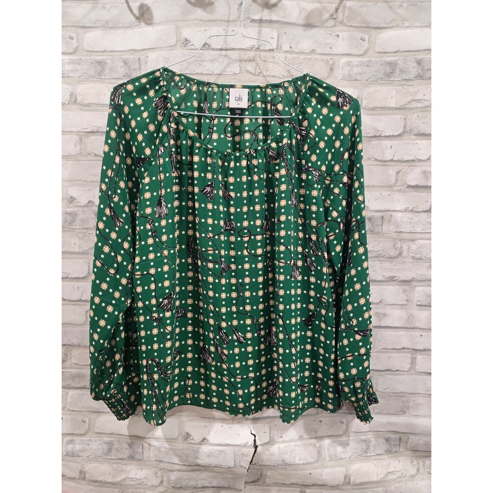 Cabi Voyage Blouse Green Size Medium M #4535 Tassel Design Elastic Hand Hems